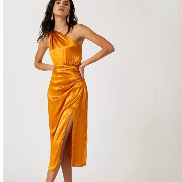 Anthropologie Dresses & Skirts - Anthropologie Copper One Shoulder Silk Midi Dress Women's Size 6